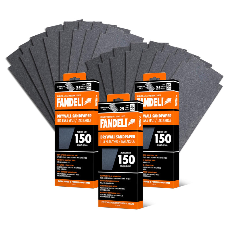 Fandeli | Multi-Purpose Sanding Paper | Grit 150 | 75 Sheets of 4-1/4'' x 11'' | Perfect for Sanding Drywall | Hand Sanding | Orbital Sanders | Sandpaper Sheets | Sandpaper Grit. 150 Grit