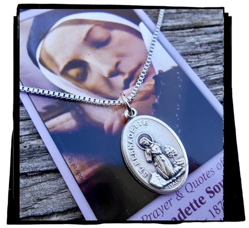Saint Bernadette Necklace, Patron Saint Necklace, Double-sided Our Lady of Lourdes on the reverse, 20" Stainless Steel Venetian Box Chain