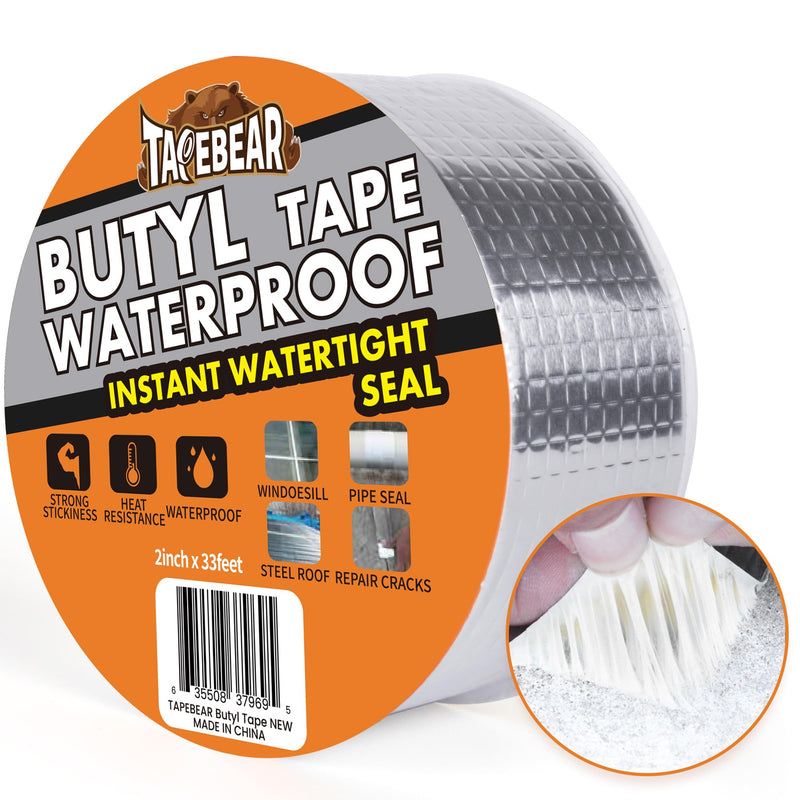 [Australia - AusPower] - Butyl Tape Waterproof Sealant Tape 2inch x33feet, Aluminum Foil Duct Sealing Tape for RV Roof Repair, Boat and Pipe Sealing, Silicone, Glass & EDPM Roof Leak Patching, Silver 1 