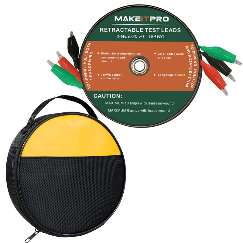 [Australia - AusPower] - Retractable Test Leads 3 Wires 20FT 18AWG Aligator Clips in Reel with Cable Bag for Circuit Connection/Electrical Testing and Troubleshooting 