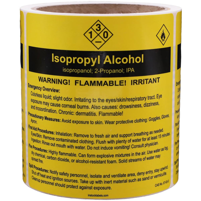 Isopropyl Alcohol Chemical Safety Procedure Stickers, 4 x 4 Inches, Emergency Overview, Precautionary Measures, First Aid, Fire, Spill Procedures, Chemical Safety Info, 100-Pack