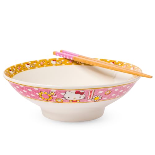 Silver Buffalo Sanrio Hello Kitty Pink, Ramen Bowl with Chopsticks, 30oz 30 Ounces Hello Kitty Waves and Flowers (Big)