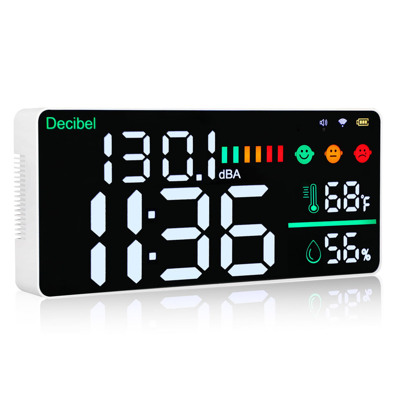 [Australia - AusPower] - Decibel Meter Wall Mounted Hanging and Desktop Sound Level Meter, 11 inch LED Large Display WiFi Noise Meter Decibel Time Temperature Humidity Meter with Alarm Icons Indicator for Classroom, Home 5-in-1 Noise Monitor 