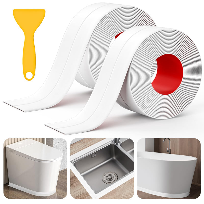 [Australia - AusPower] - Caulk Tape, 2 Rolls Caulking Tape Sealant Strip, White Caulk Tape Waterproof Self Adhesive, Bathroom Shower Bathtub Toilet Caulk Strip with Sealing Tool(1.5"x10.5Ft) 