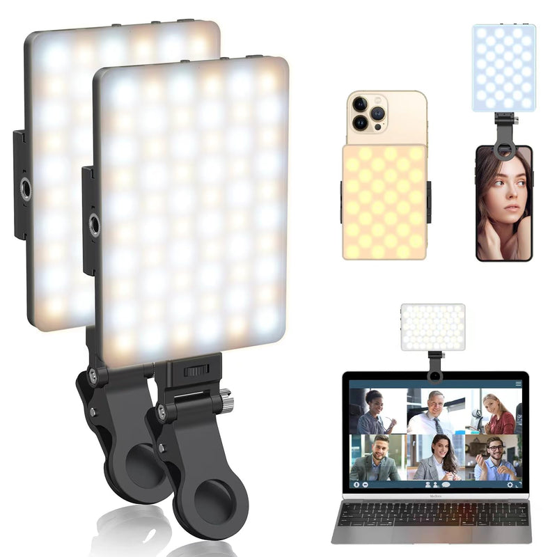 Selfie Light, Phone Light with Front & Back Clip, 60 LED Portable Light with 3 Modes, 5000mAh Rechargeable Video Light for Phone, iPhone, TikTok, Vlog Photographic Lighting Monolights(2 Pack) 2Pack Black