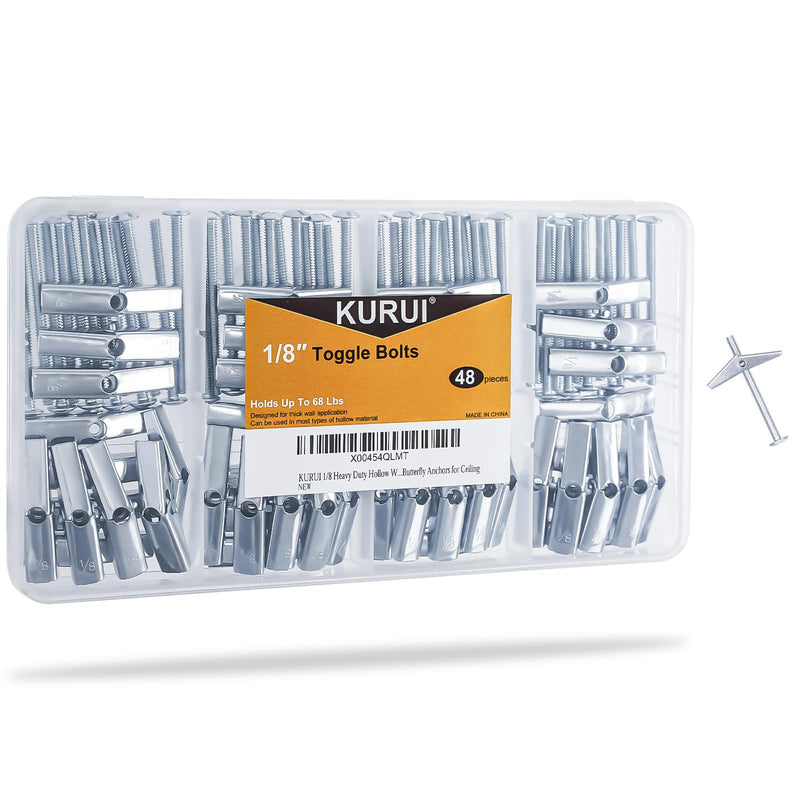 [Australia - AusPower] - KURUI 1/8 Heavy Duty Hollow Wall Anchors for Drywall, 48Pcs Toggle Bolts and Wing Nut Kit, Metal Drywall Anchors and Screws Kit, Butterfly Anchors for Ceiling 1/8" 