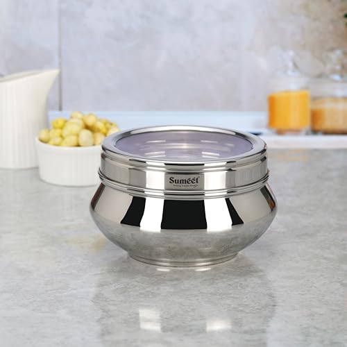 Sumeet Stainless Steel Handi Shape Big Size Canisters/Dabba/Storage Containers Set for kitchen with Transparent See Through Lid, 14.5cm Dia, 1400ml, Pack of 1, Silver, CTHDPD2-1PC 1400ml, 1 pcs