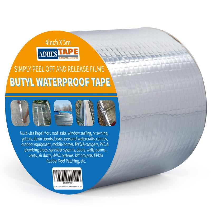 ADHES Upgrade Butyl Tape Waterproof Tape, 1.2mm Thick, 4 inch x 16 feet, Aluminum Foil Tape Butyl Sealant Tape for RV Repair, Window, Boat and Pipe Sealing, Glass & EDPM Rubber Roof Patching, Silver 100mm x 5m