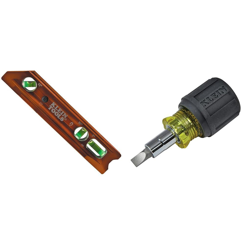 [Australia - AusPower] - Klein Tools 935RBLT Level, 9-Inch Lighted Torpedo Level with Magnet, 0/45/90 Degree Vials & 32561 Multi-Bit Screwdriver/Nut Driver, 6-in-1 Stubby Screwdriver with 2 Phillips 