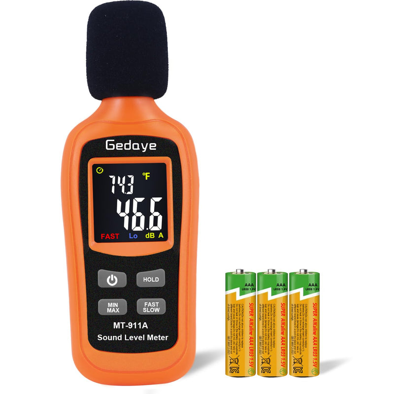 [Australia - AusPower] - Noise Decibel Meter, Gedaye Sound Level Meter, Range 35-135dBA, SPL Meter with A Weighted, Data Hold MAX/MIN Fast/Slow, for Classroom Workshop dB Reader Monitor Audio Measure Device Sound Detector Orange MT911 