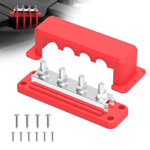 Bus Bar 600A 12V Power Distribution Block with 3/8 Inch (M10) 4-Post Terminal Block with Cover for Automotive, Marine, Battery System (Red) 600A-3/8'' (M10) red