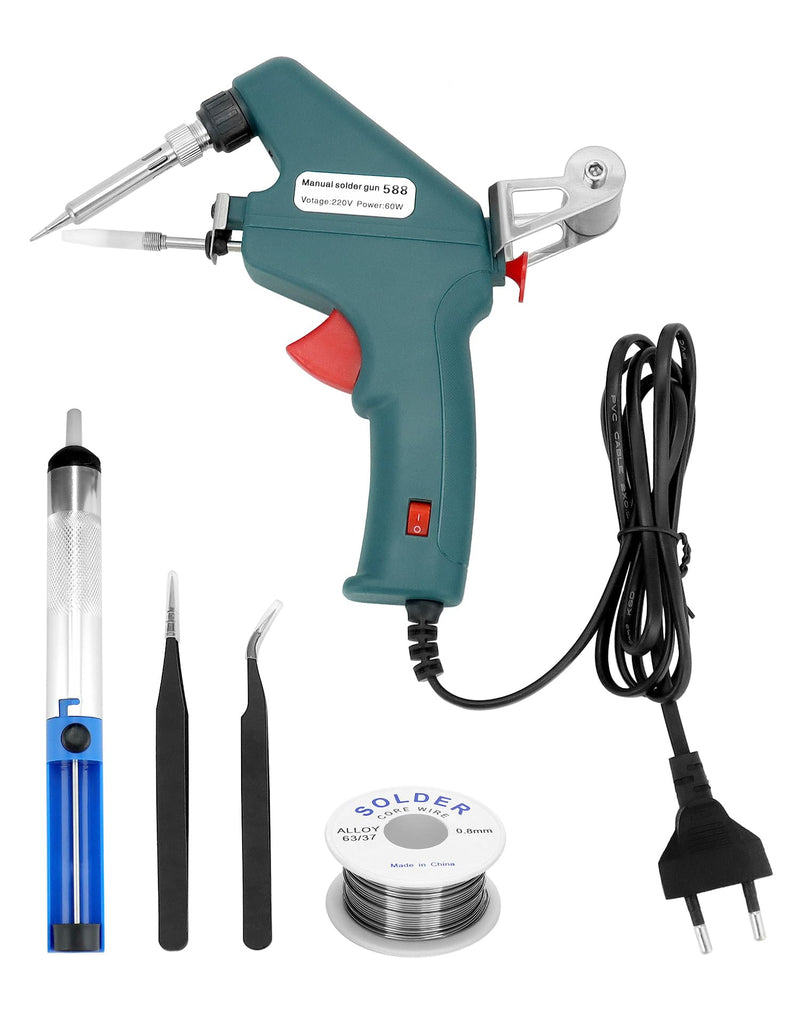 QWORK Soldering Iron Set - 60 W Soldering Gun with Soldering Wire, Desoldering Pump and 2 Tweezers, Quick Heating, Automatic Tin Supply