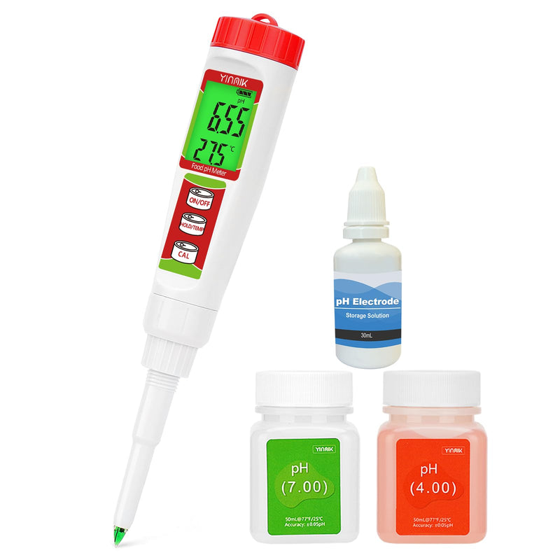 YINMIK Digital pH Meter pH Tester for Food with Calibration Solution | pH value for fermentation, pH food tester for dough, sushi rice, kombucha, soap, cheese, meat, pool and water Red pH meter
