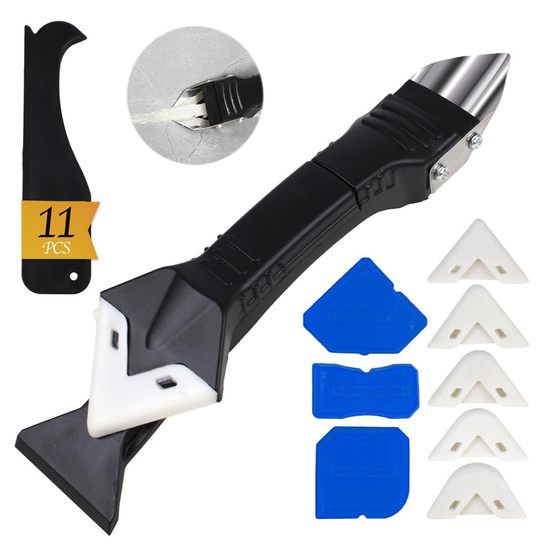 [Australia - AusPower] - 11Pcs-3in1 Silicone Caulking Tools(Stainless Steelhead)Grout Removal Tool & Grout Remove Scraper,5 Silicone Replaceable Pads,4 Glass Glue Angle Scraper, Caulk Remover for Kitchen/Bathroom/Window/Joint 