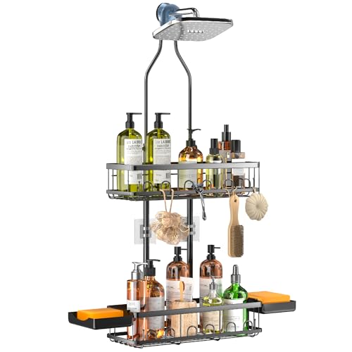 Skyapex black hanging shower caddy with adjustable hooks over shower head for organized bathroom storage.