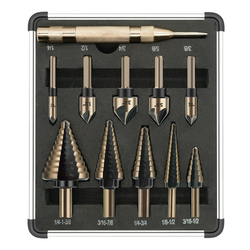 GMTOOLS 5Pcs Step Drill Bit & 5Pcs Countersink Drill Bit Set, Titanium Coated, 50 Sizes of Step Bit for Metal with Aluminum Case, Multiple Hole Stepped Up Bits for DIY 11PCS