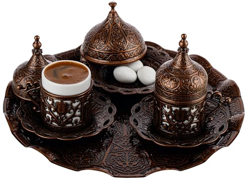 DEMMEX 2024 Turkish Greek Arabic Coffee Serving Set with Cups, Saucers, Cup Holders, Lids, Sugar Bowl & Lid and Tray, 11 Pcs (Antique), Medium Antique Brass