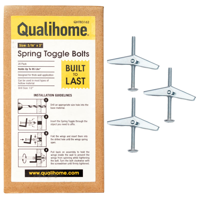 [Australia - AusPower] - QUALIHOME Spring Toggle Bolt Anchors - Heavy Duty Wall Anchors for Hanging Items w/Hollow Walls & More - Stainless Steel Hollow Wall Anchor for Frames, Shelves, Mirrors & More, 20 Pack (3/16" x 2") 3/16" x 2" 