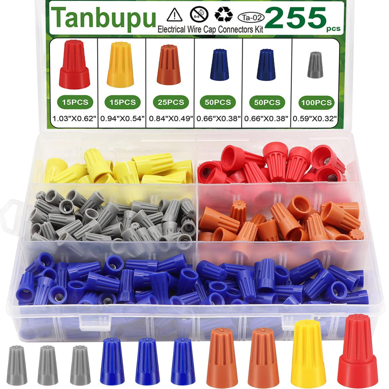 [Australia - AusPower] - 255PCS Electrical Wire Cap Connectors Nuts Kit, Insulating Insert Twist Wire Connectors with Spring, Screw on Terminals Assortment Set Quick Connection 