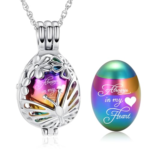 Minicremation Teardrop Butterfly Urn Necklace for Ashes Stainless Stee Hollow Mini Keepsake Urn for Women Men Cremation MemorialPendant Keepsake Jewelry Colorful-Always