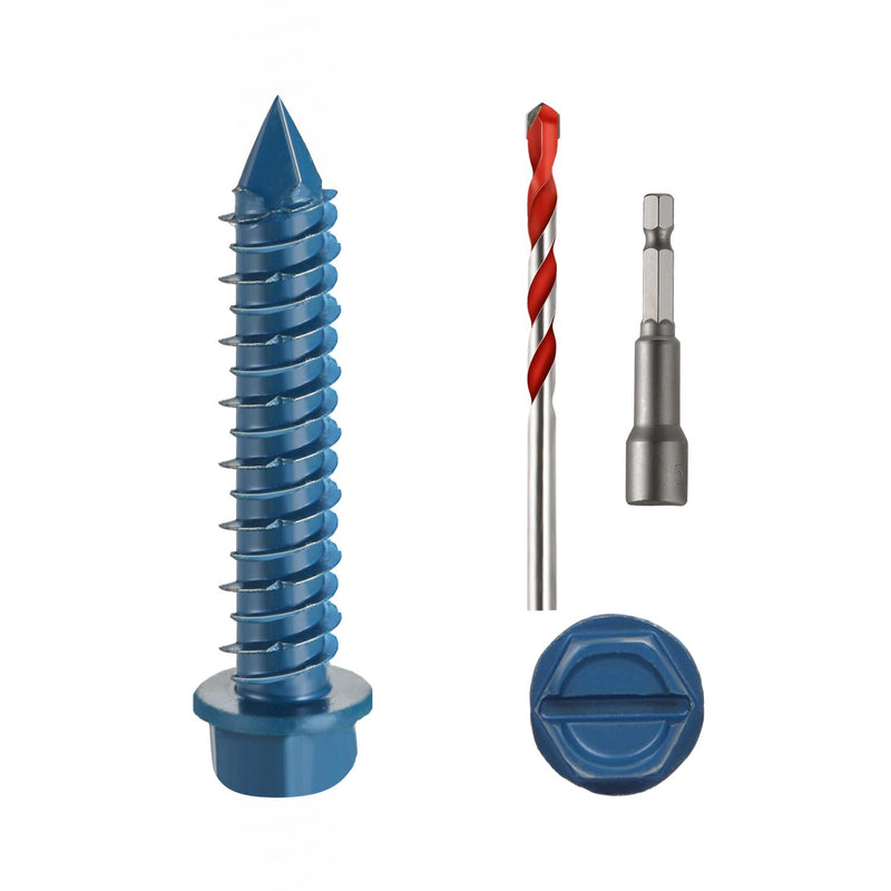 [Australia - AusPower] - 3/16" x 1-1/4" Concrete Screws, Blue Hex Head Screw Anchor with Drill Bit and Hex Bit Socket, for Masonry, Cement, Block, Brick or Stucco, 100 PCS 3/16 x 1-1/4" 