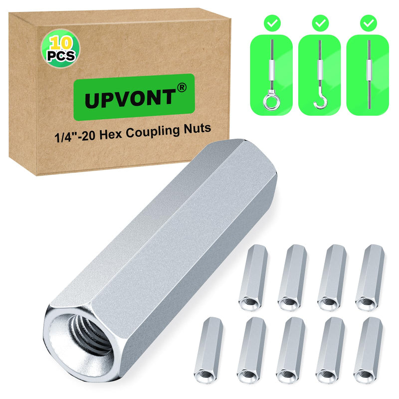 [Australia - AusPower] - Hex Coupling Nuts, Rod Coupling Nuts 1/4"-20 UNC, 1-3/4" Length (10 PCS), Ideal for Threaded Rods & Studs, 1.75-Inch Length with Zinc Plating (10 PCS) 10 