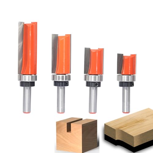 Flush Cutter Set of 4 HW, Diameter 19 mm, Shaft 8 mm, with Ball Bearing on Shaft | Four cutting lengths (20/25/38/50 mm) for precise flush milling, copying and template milling. Bündigfräser 4-tlg.