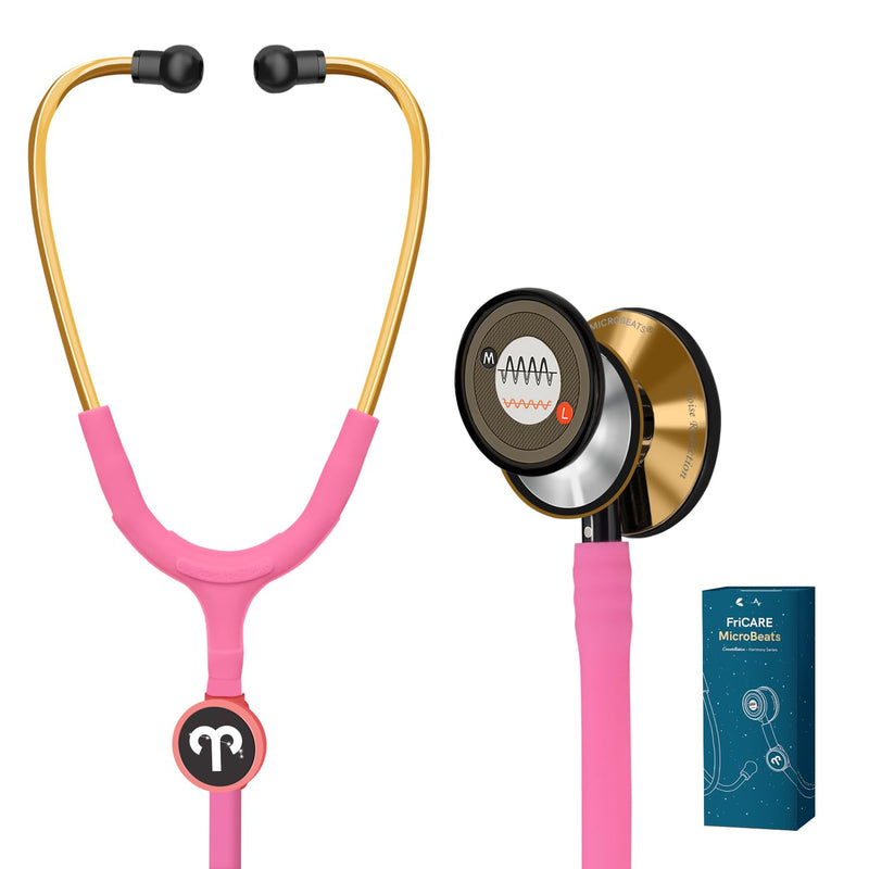 [Australia - AusPower] - FriCARE Tunable Stethoscope - Dual Head Estetoscopio for Nurses, Doctors, Paramedics, Students - FSA/HSA Eligible Stethoscopes, Hot Pink Tube, Mirror Gold Finish Chestpiece 