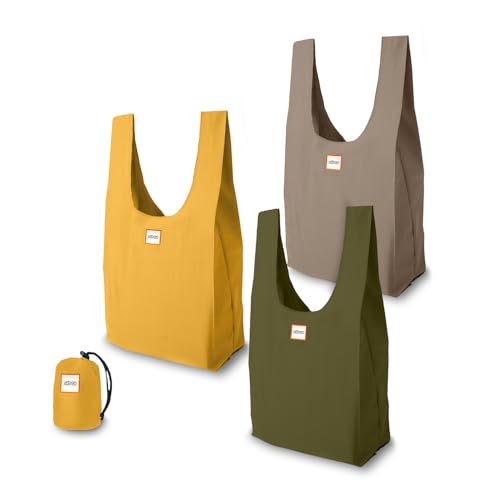 Urban Market Bags - Meadow - 3 Foldable Reusable Shopping Bags in 1 Compact Pouch, Luxury Quality, Recycled Fabric, Holds 50+ lbs, Machine Washable, Pouch Fits in Cupholder, Designed in California