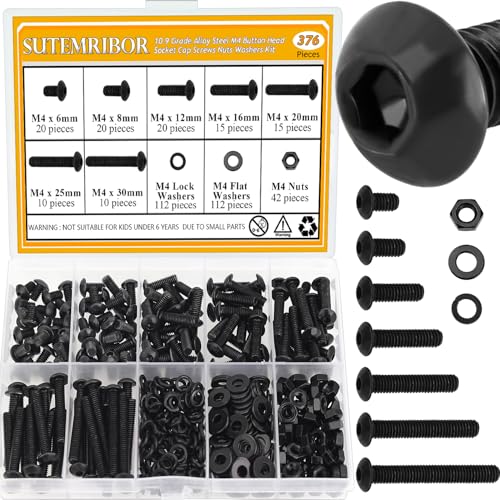 Sutemribor 376-piece black M4 button head socket screws, nuts and washers assortment set in alloy steel