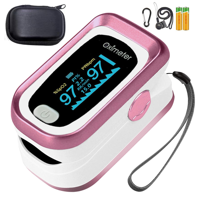 [Australia - AusPower] - Pulse Oximeter Fingertip, 4 Data Pulse Oximeter with Respiration, Pulse Oximeter with Respiratory, Pulse Oximeter SpO2 Pulse Rate Count(Pink) 