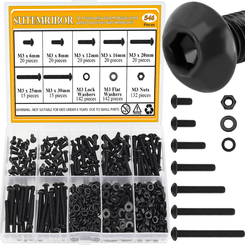 [Australia - AusPower] - 546 Pieces M3 Screws Nuts Washers Set Black, Sutemribor M3 x 6/8/12/16/20/25/30mm Button Head Socket Cap Screws Nuts Washers Assortment Kit, 10.9 Grade Alloy Steel, Fully Threaded 