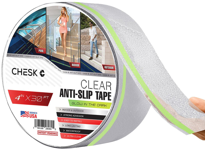 [Australia - AusPower] - Grip Tape Clear Glow in The Dark Anti Slip Tape Reflective Waterproof 4 in x30 Ft Indoor/Outdoor Stair treads Non Slip Skateboard Grip Tape Safety Friction Adhesive Shower Floor Grips Stickers 4in x 30ft clear with a line of glow 