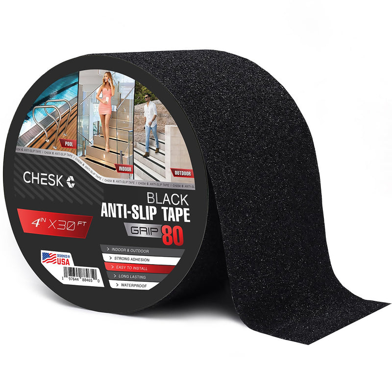 Chesk Grip Tape for Stairs – 4in x 30ft Black Anti-Slip Stair Strips – Adhesive Stair Treads Non-Slip Indoor and Outdoor – Heavy-Duty Grip Tape for Skateboard, Shower, Floor, Steps