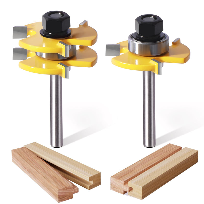 [Australia - AusPower] - Tongue and Groove Router Bit Set of 2 Pieces,Router Bits 1/4 Shank,3 Teeth Adjustable T Shape Wood Milling Cutter,Router Bits,Lock Miter Router Bit,Shank Router Bit,Tongue and Groove Router Bit 