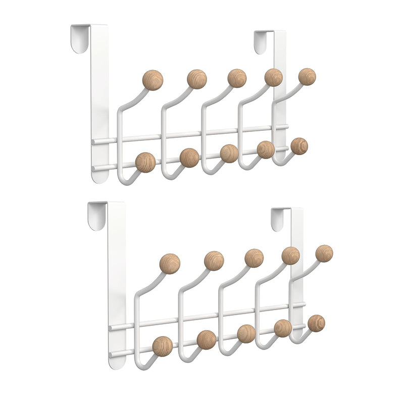 [Australia - AusPower] - 2 Pack Over The Door Hooks,Sturdy Metal Over Door Organizer Rack with 10 Wooden Hooks for Living Room, Bathroom, Bedroom, Kitchen Hanging Clothes, Towels, Hats, Coats, Bags-White White(2 pack hangers with 10 hooks) 