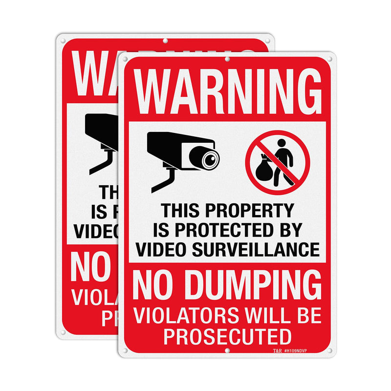 [Australia - AusPower] - T&R Large No Dumping Sign, Property Protected By Video Surveillance Sign, 14" x 10" Rust Free .040 Aluminum Reflective, Weather Resistant, Waterproof, Fade Resistant, 6 Pre-drilled Holes - 2 Pack 14" x 10" - 2 Pack 