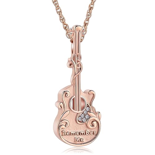 Guitar Urn Necklace for Ashes Stainless Steel Cremation jewelry Crystal Guitar Lover Music Keepsake Memorial Pendant for Men Women Gift pink