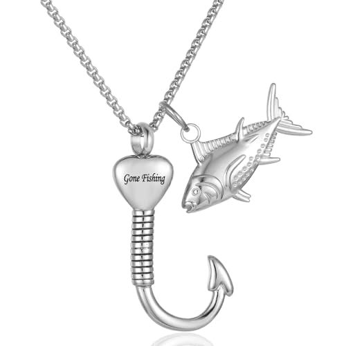 Fish Hook Urn Necklace For Men Stainless Steel Cremation Jewelry For Ashes Of Loved Ones Keepsake Pendant Dad Gone Fishing Silver