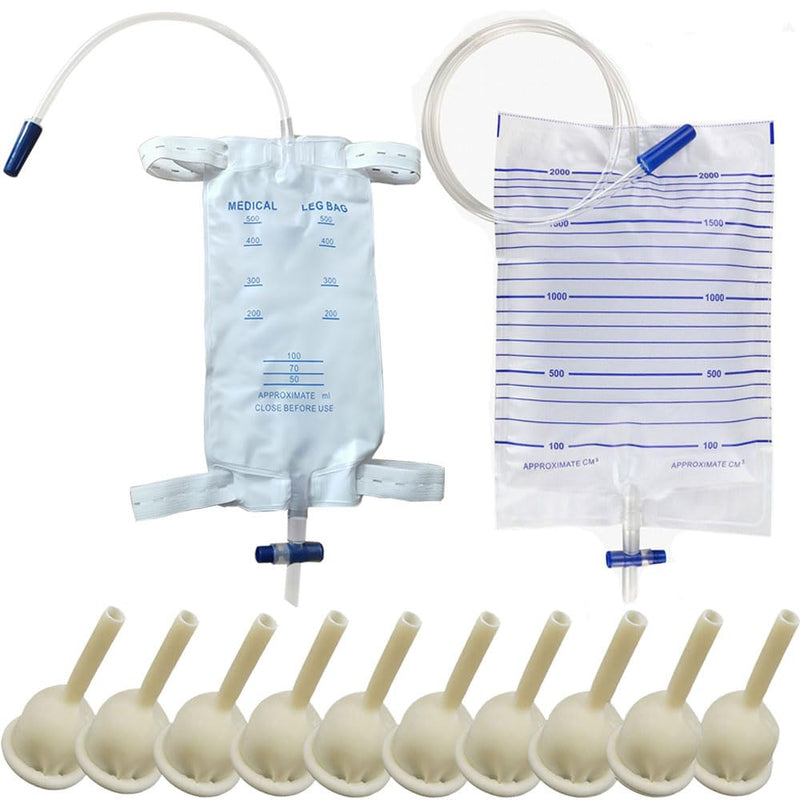 External Condom Catheter Set, 30 mm, Pack of 10 | Condom catheter external set, 2000 ml urine bag, 500 ml leg bag, urine drainage bag 500+2000ML-30MM