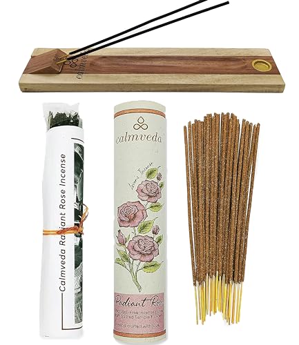 CALMVEDA, Radiant Rose Incense with Rosewood Incense Holder (80 Sticks +1 Holder) | Beautiful Natural Incense and Holder Combo for Home Decor and Spiritual Practice
