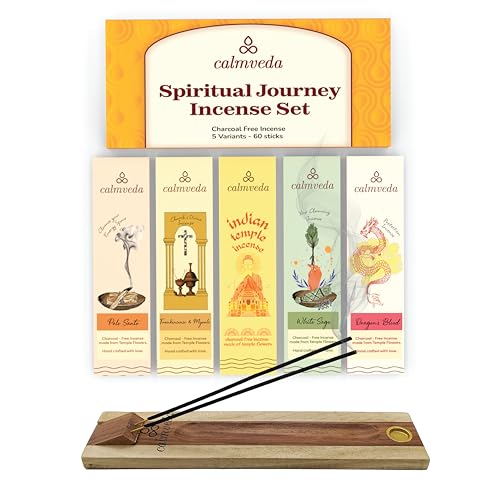 CALMVEDA, Spiritual Variety Pack with Rosewood Incense Holder (80 Sticks +1 Holder) | Beautiful Natural Incense and Holder Combo for Home Decor and Spiritual Practice