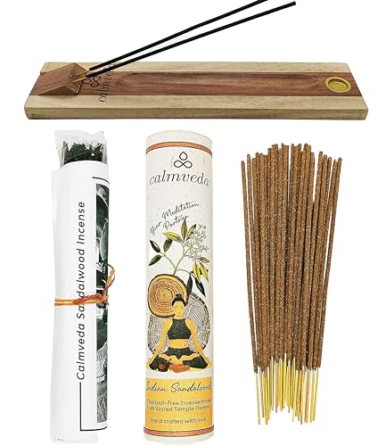 CALMVEDA, Indian Sandalwood Incense with Rosewood Incense Holder (80 Sticks +1 Holder) | Beautiful Natural Incense and Holder Combo for Home Decor and Spiritual Practice