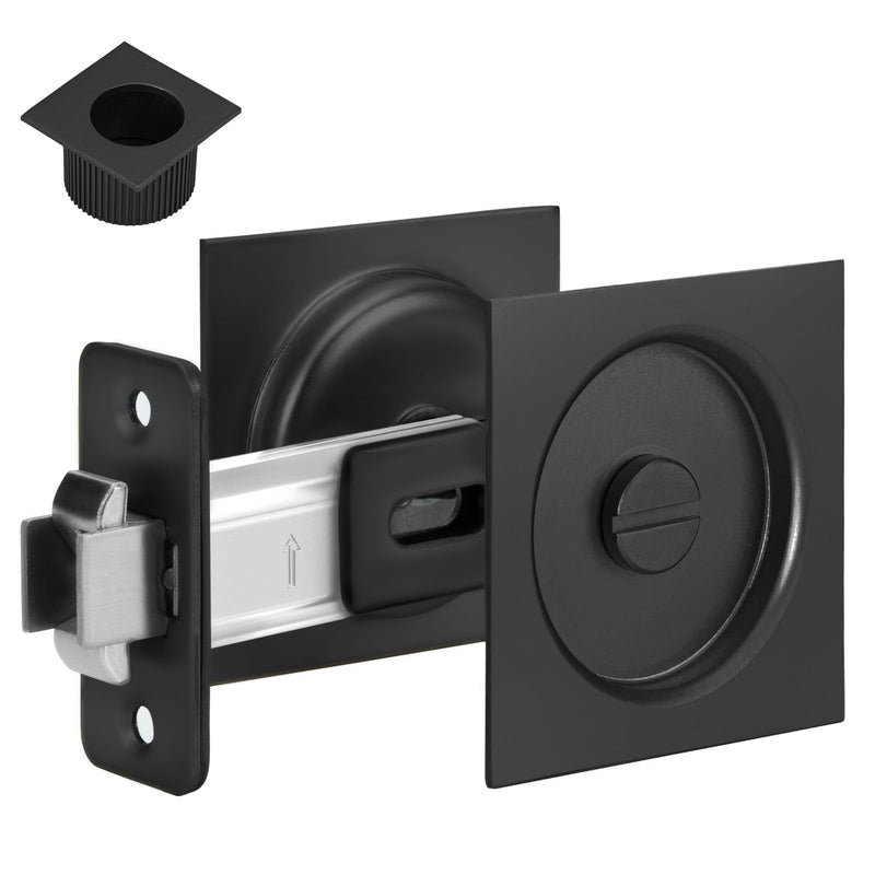 goldenwarm Matte Black Pocket Door Lock with Pull, Square Pocket Door Hardware 2-3/8" Backset, Black Pocket Door Handles 1 Pack 2-3/8” Latch