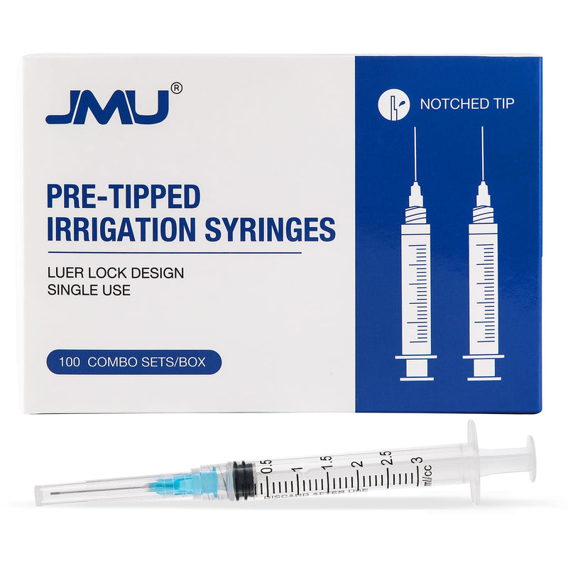 [Australia - AusPower] - JMU 100pcs Dental Irrigation Syringes 3cc with 23G Blunt Dispensing Endodontic Irrigarion Needles, Luer Lock Design 3ML 23G 