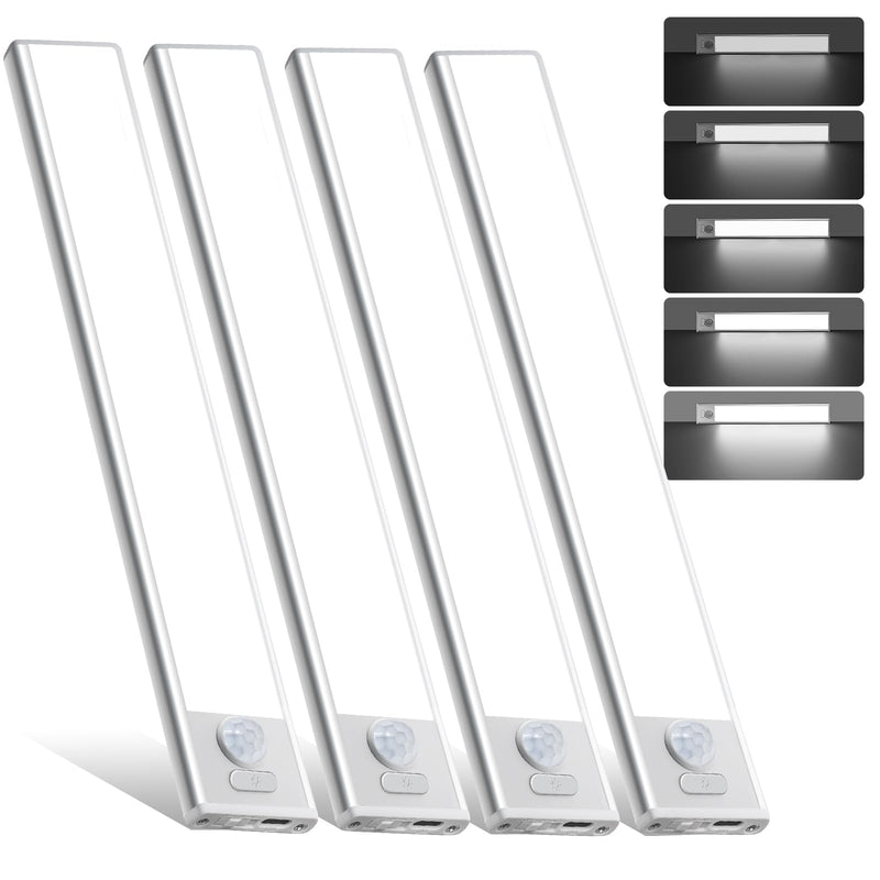 10inch Under Cabinet Lighting, 4 Pack Rechargeable Motion Sensor Light Indoor, Wireless Dimmable Magnetic Closet Lights, 40 LED Under Counter Lights for Kitchen, Wardrobe, Stairs, White Light 10inch
