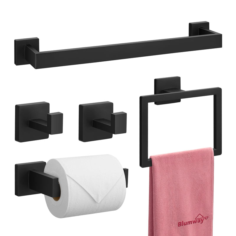BlumWay 5-Pieces Matte Black Bathroom Accessories Set, 16 Inch Bathroom Hardware Set, SUS304 Stainless Steel Bath Towel Bar, Toilet Paper Holder,Towel Racks for Bathroom Wall Mounted 5 Pcs 16 Inch