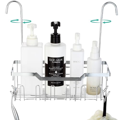 Small Shower Caddy Hanging - Shower Door Caddy Hanging with Rotatable Hooks and Adhesive Mount - Perfect for Bathroom Toiletries - Spacious & Convenient Bathroom Storage Solution 304 Stainless Steel Single Tier - Silver