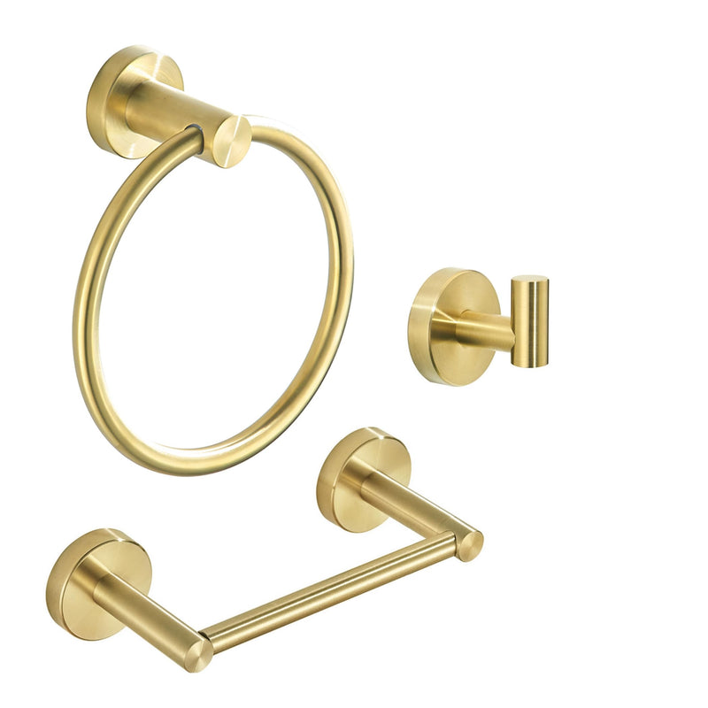 Gold Bathroom Hardware Set, Brushed Gold Toilet Paper Holder Towel Ring Robe Hooks Wall Mount Hand Towel Holder Bath Accessories Stainless Steel, 3 Pieces Brushed Gold 3 Pieces