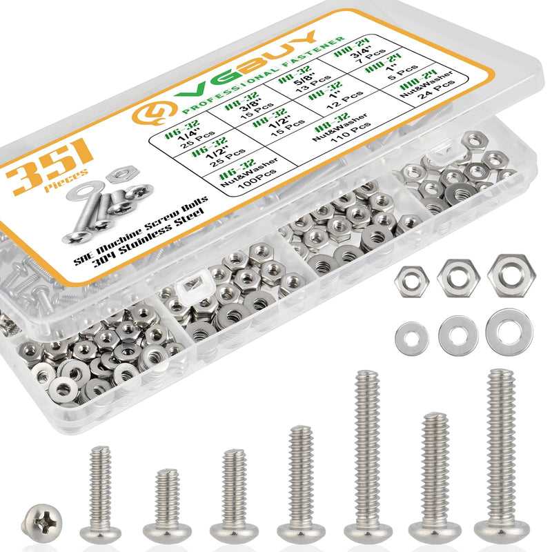 [Australia - AusPower] - 351Pcs Machine Screws Nuts and Bolts Assortment Kit, 6-32# 8-32# 10-24 Phillips Pan Head Assorted 304 Stainless Steel Bolts Nuts Flat Washers Bolts with Case 